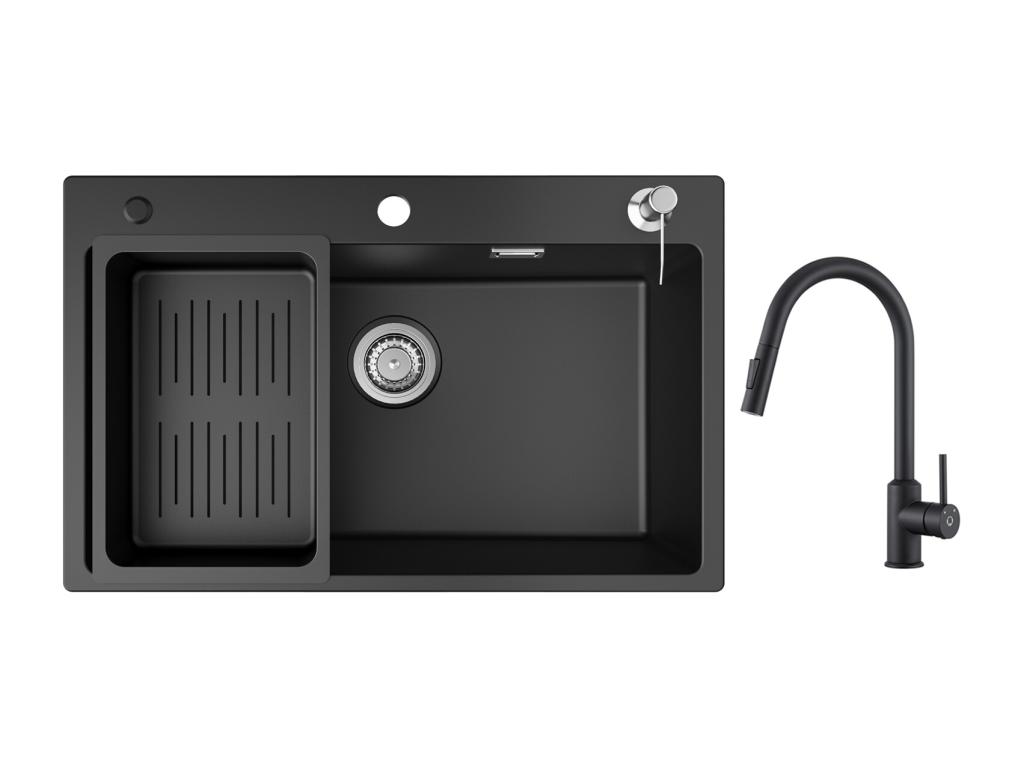 Fregadero Casaplu 1 seno de cuarzo y resina con escurridor y dosificador de jabón 70x45cm + Mezclador de cocina con ducha extraíble negro