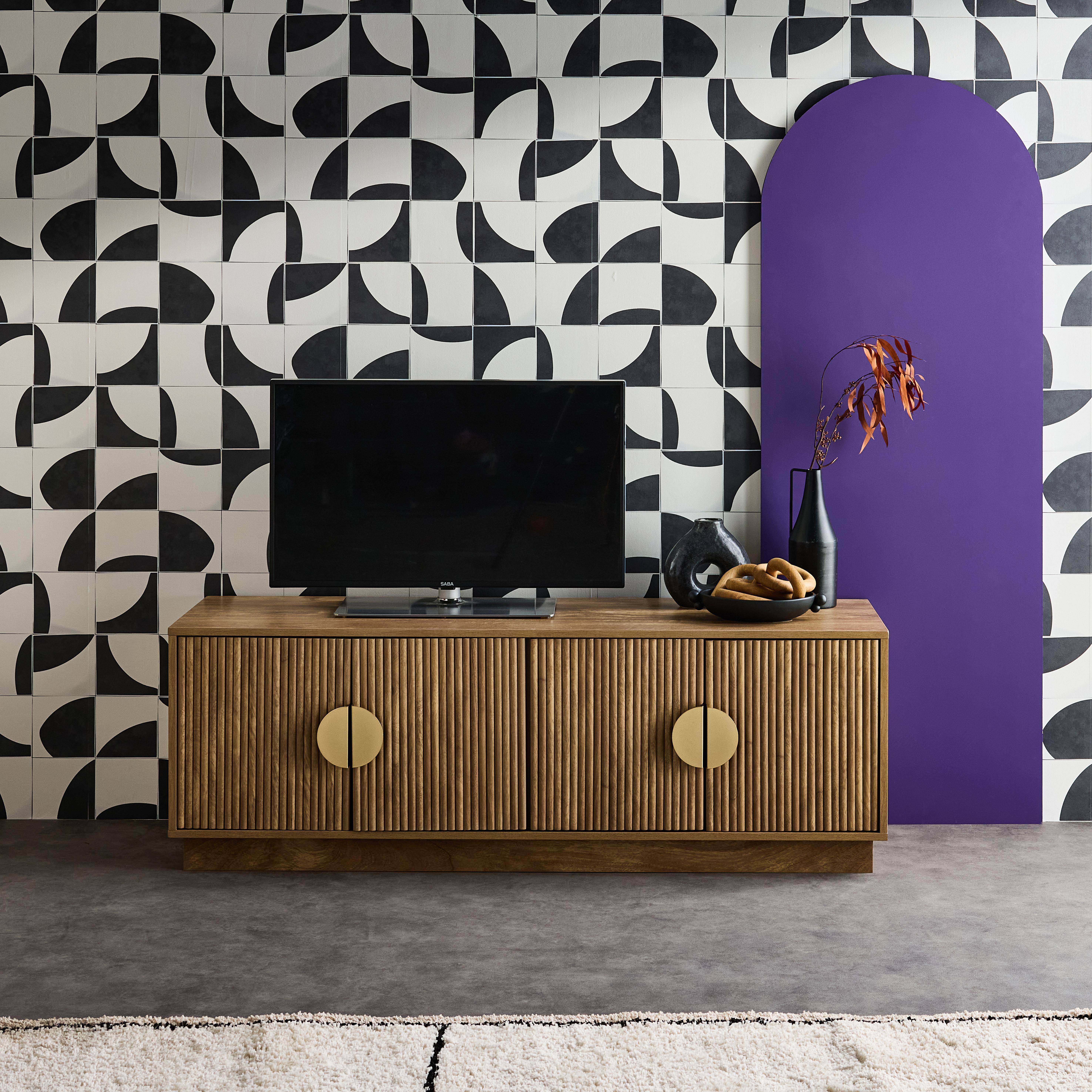 Celian - Mueble TV 4 puertas efecto madera de mango exótico, 140cm