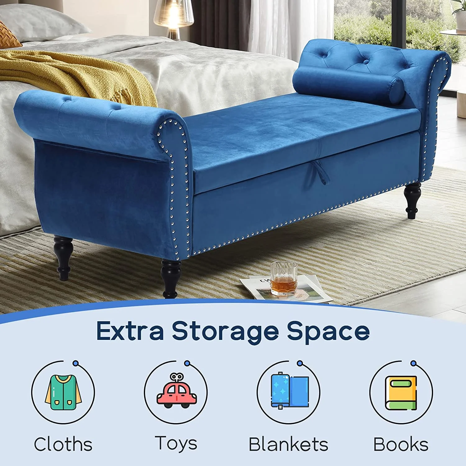 Sumdeal 43.5" Storage Ottoman Bench with 250lb Seating, Linen Upholstered Wood Legs Safety Hinge Flip Top Oval Foot Rest Long Stool for Sofa Couch Bedroom End of Bed Living Room Entryway, White - Image 72