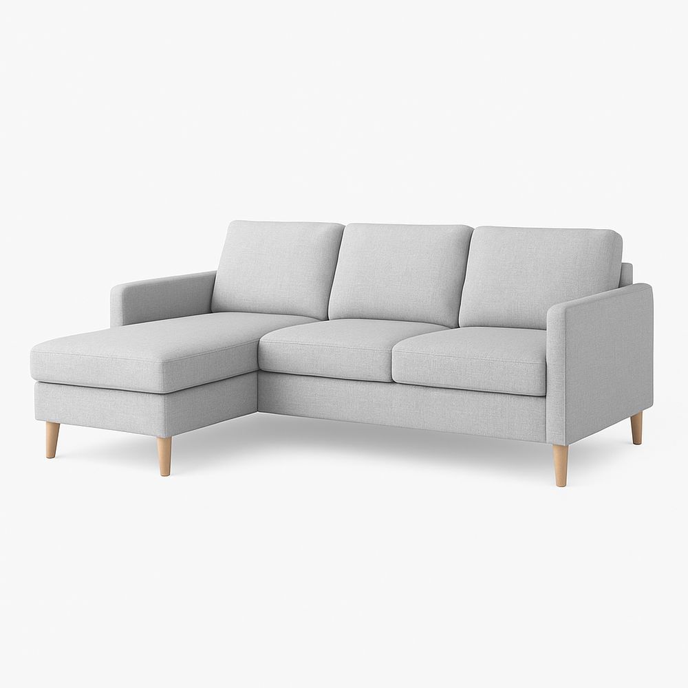 Sofá Esquinero Moderno de Tela Color Gris con Descanso para Pies y Patas de Madera