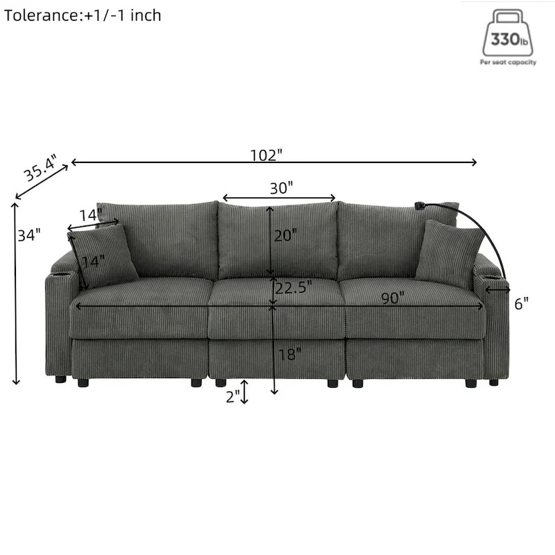 102 Corduroy Contemporary 3-Seater Sofa with Deep Seating, Cup Holders, and Phone Holder