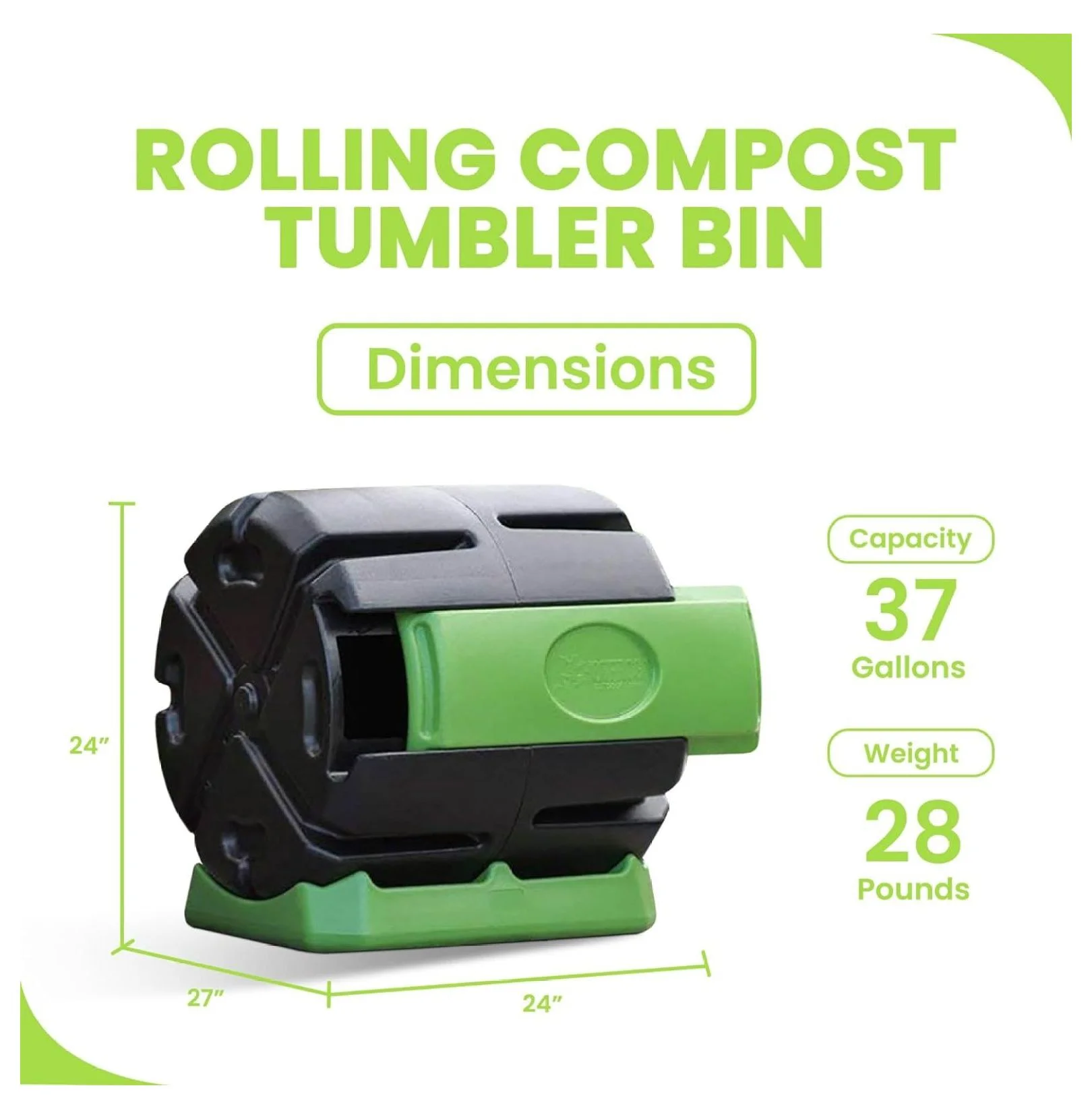 TriGol HOTFROG Rolling 37-Gallon Single Chamber Batch Tumbling Composter - Outdoor Rotating Garden Compost Bin, Black & Green - Image 3