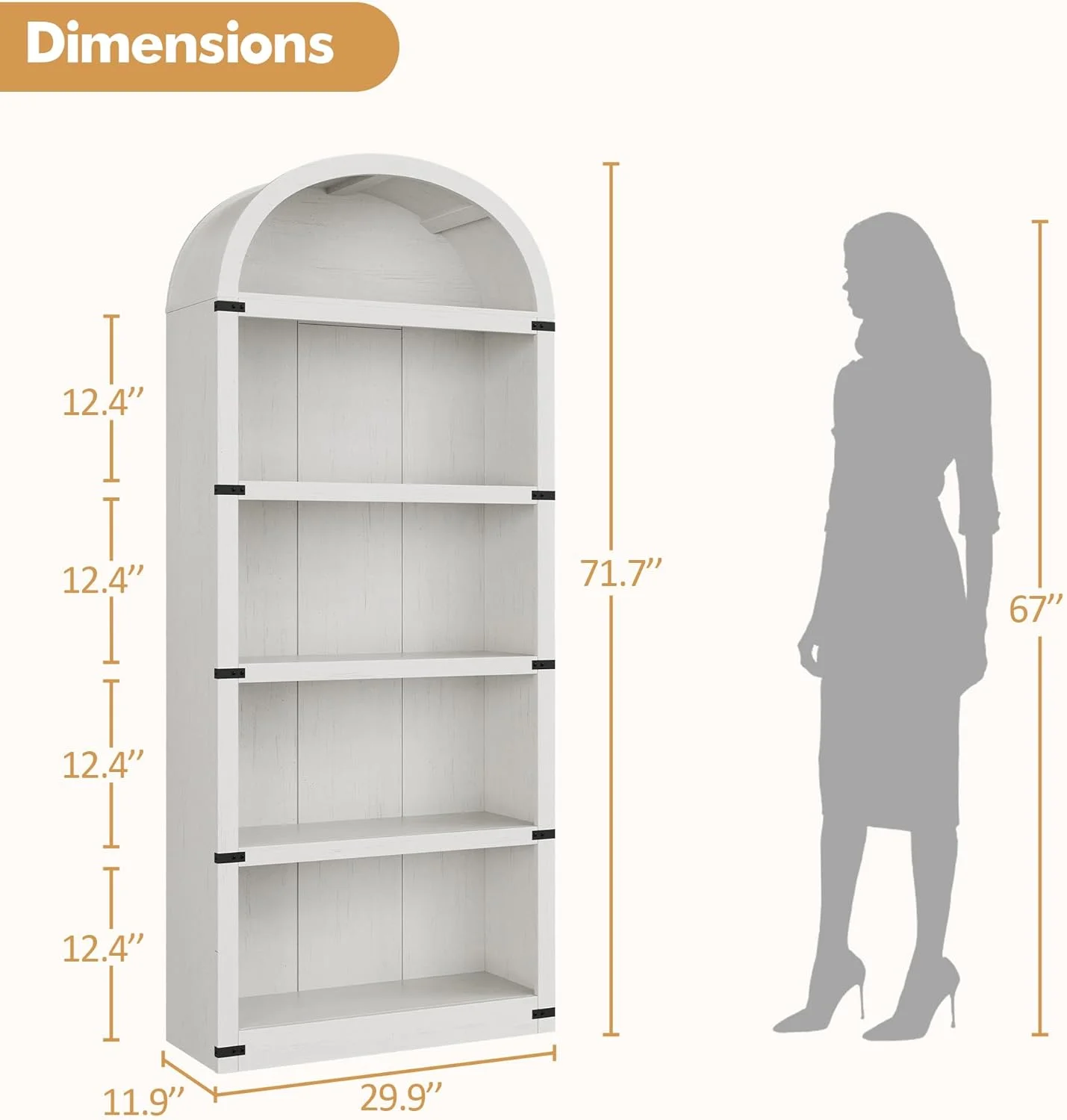 Bookcase 5 Shelf Arched Bookshelf 71.65in Tall Bookcase Farmhouse Display Storage Rack Wooden Bookshelves for Home Office, Living Room(white) - Image 2