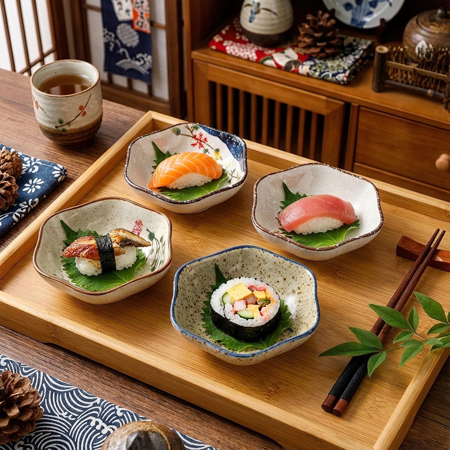12 Pieces Japanese Sauce Dishes, 4 Oz Ceramic Side Dish Set, Small Flower-shaped Seasoning Soy Dipping Bowl Plate for Sushi, Snack, Appetizer, Kitchen Prep, 6 Patterns