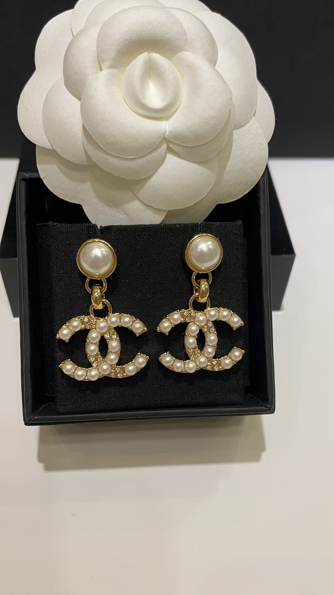 Chanel Pearl Paved Double C Earrings - Original Replica Club