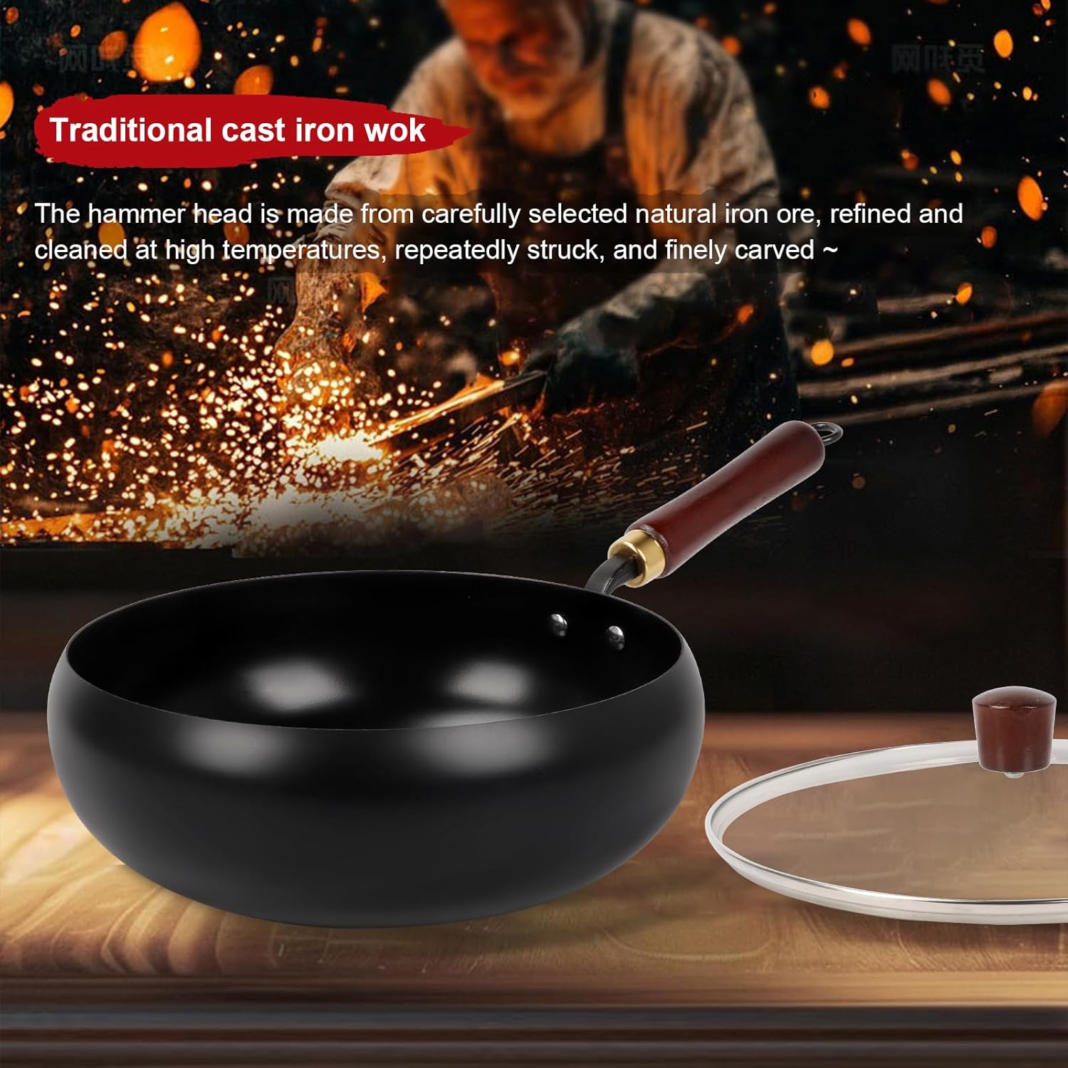 Suntuup Japanese Iron Pan, 11.02 Inch Uncoated Thick Iron Pot Hand-Forged Non-Stick Flat Bottom Pan with Glass Lid and Shovel for Induction, Electric, Gas
