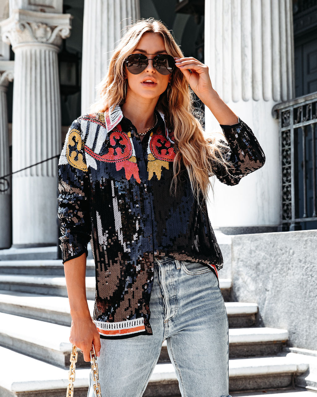 Eliza Embellished Sequin Button Down Top - Black - Se7enfashion