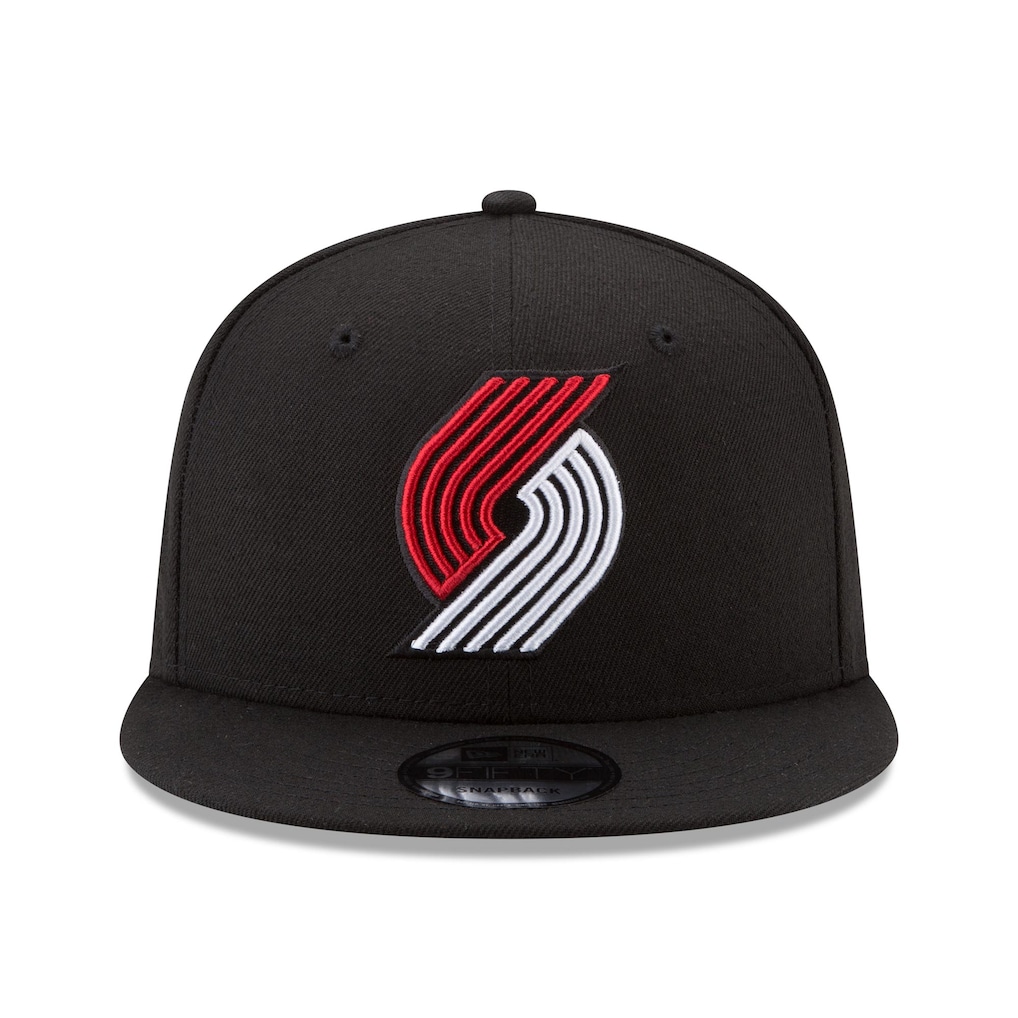 Direct front view of the black Portland Trail Blazers New Era snapback hat prominently displaying the red and white primary team logo.