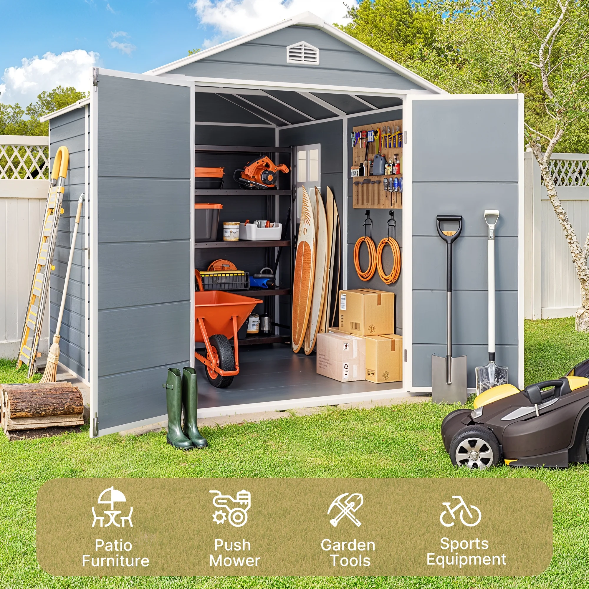 6x4 FT Resin Storage Shed, Lofka Plastic Outdoor Shed with Heavy Duty Floors, 135.6 cu ft, Colorfast, Side Window, Double Lockable Doors for Garden Backyard