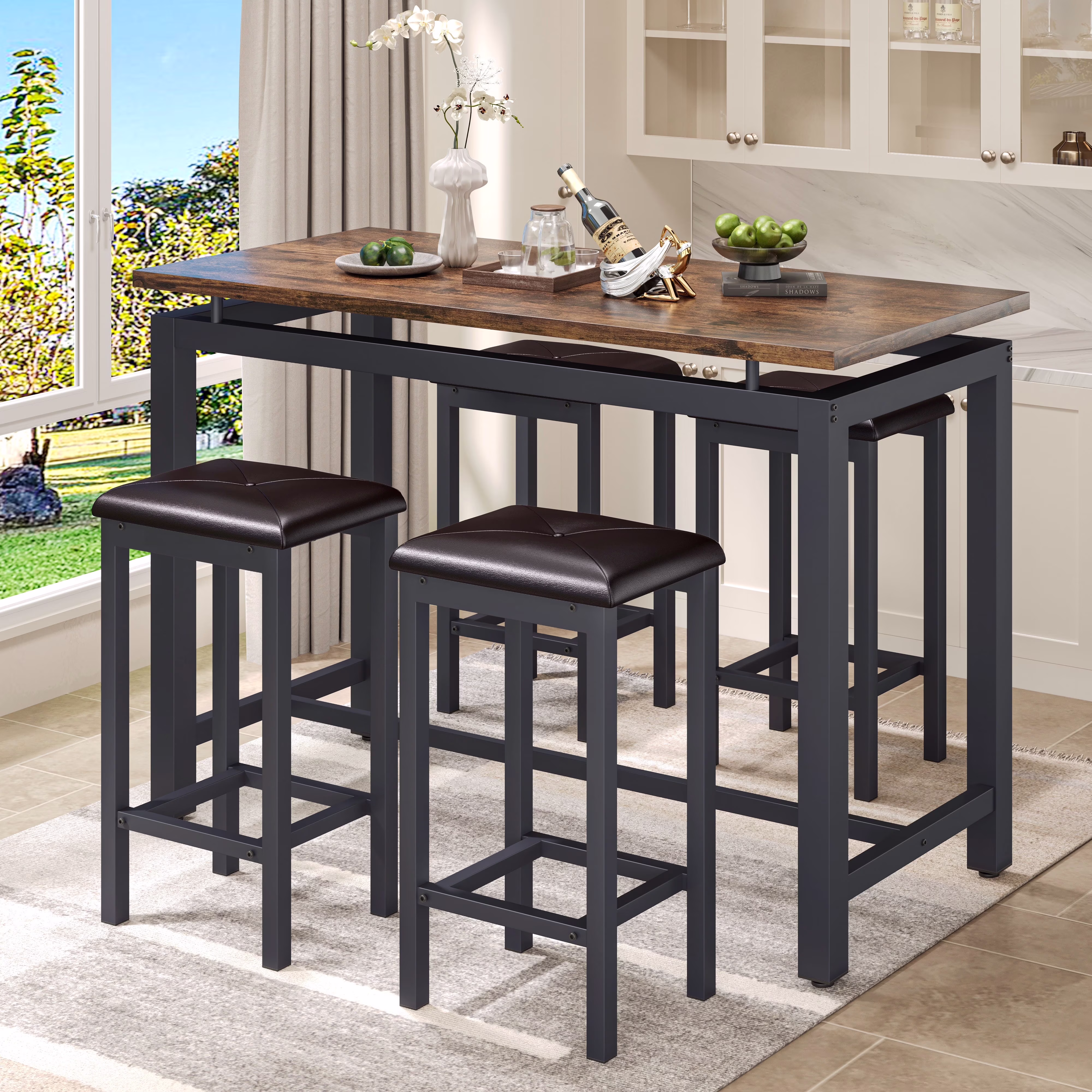 Counter Height Table Set of 5, Breakfast Bar Table and Stool Set, Minimalist Dining Table with Backless Stools, Wood Top Pub Table & Chair Set for Kitchen Apartment Bistro - Space Saving - Image 5