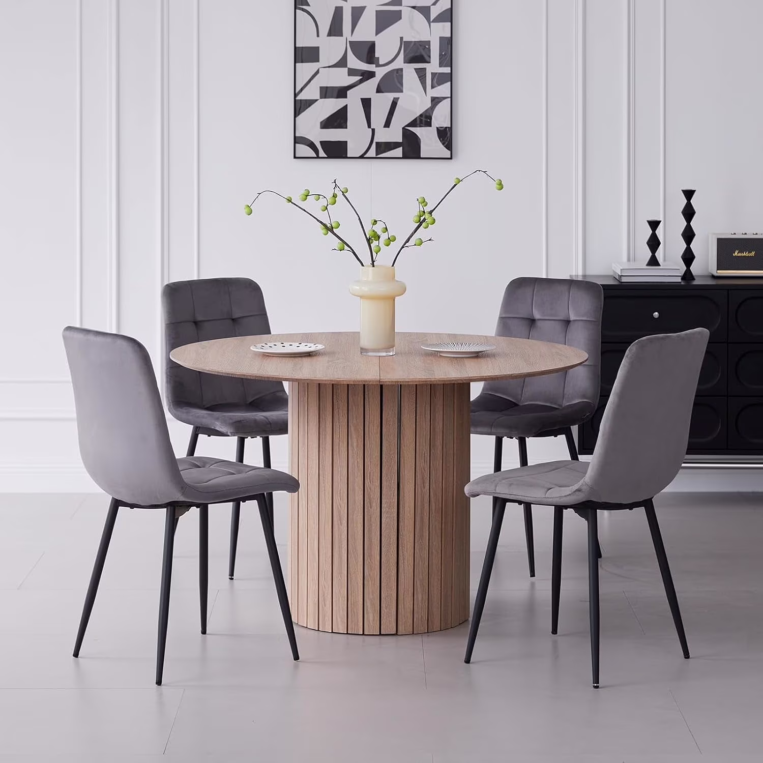 5 Piece Round Dining Table Set - Mid-Century 47 inch Oak Dining Table with 4 Brown Faux Leather Chairs Set, Dinner Table & Chair with Metal Legs for Kitchen Dining Room, Apartment, Bedroom - Image 5