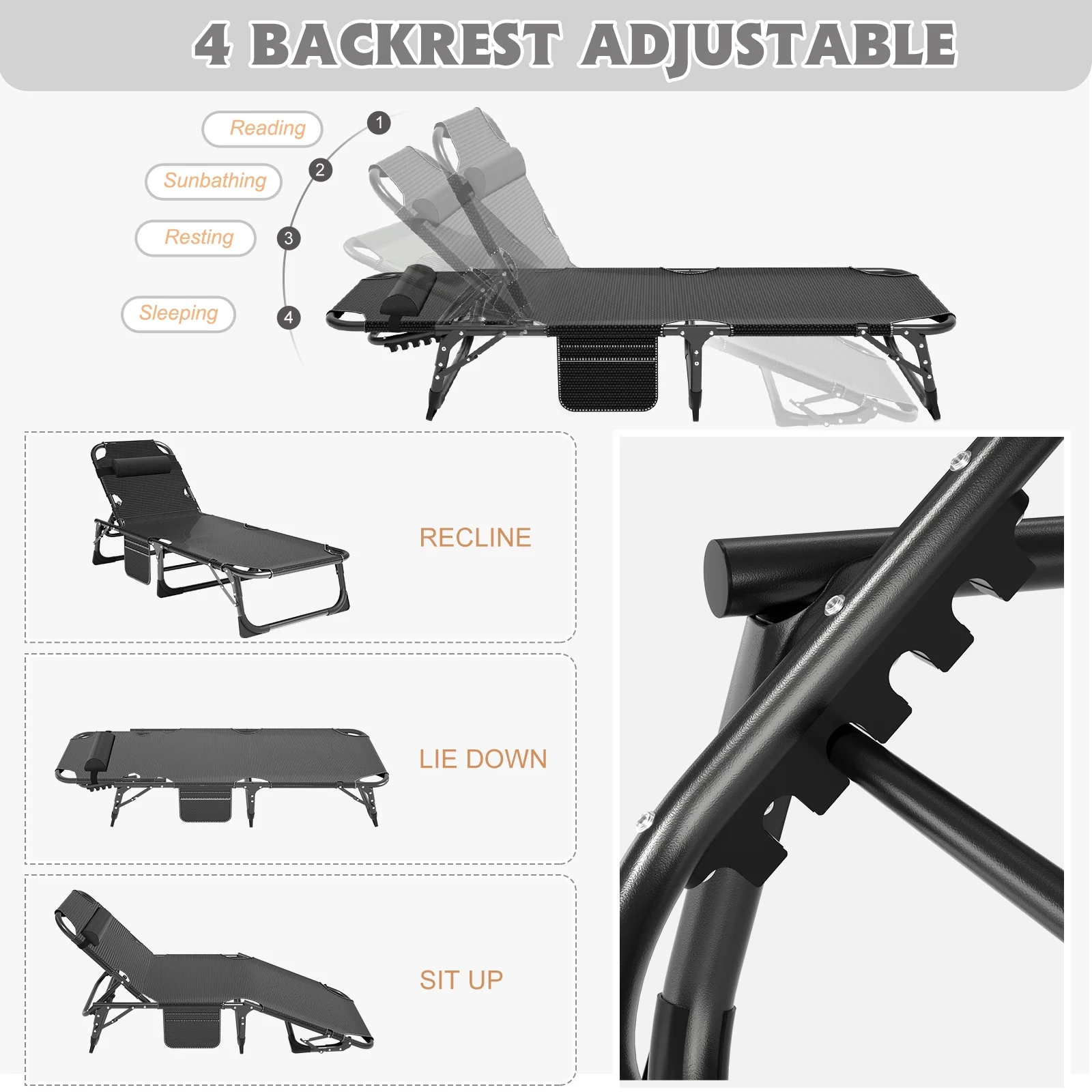 MOPHOTO Lounge Chair with Mattress, Outdoor Chaise Lounge Support 440 Lbs, Adjustable Portable Heavy Duty Sleeping Cots Bed for Camping, Pool, Beach, Patio - Image 27