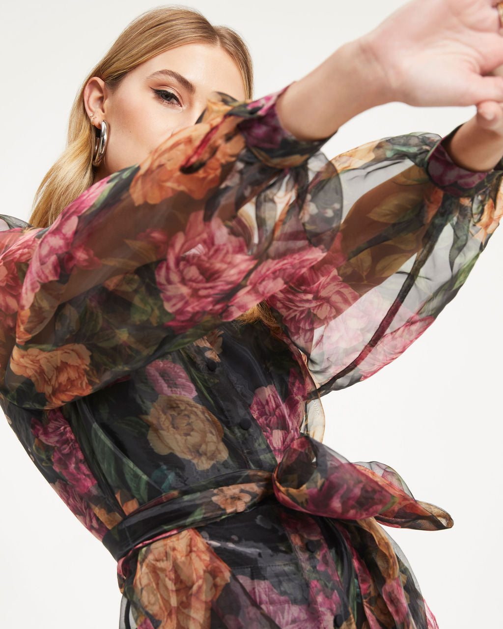 Somewhere In Tuscany Floral Organza Front Tie Button Down Top - Se7enfashion