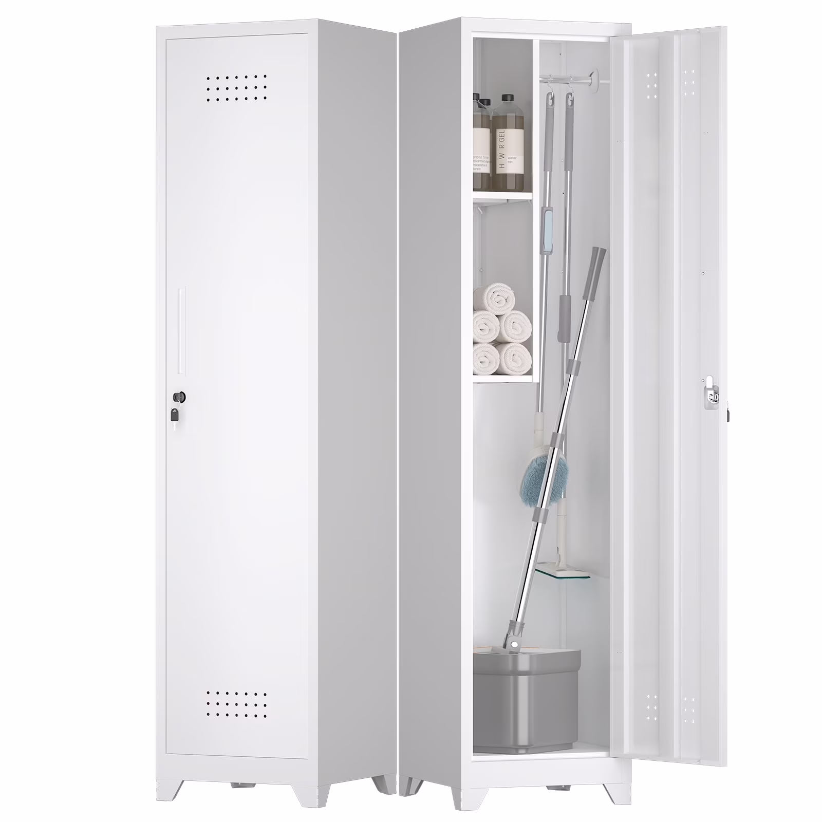 Marcree 65" H Slim Broom Storage Cabinet, Metal Broom Closet with Shelves and Hanging Rod, Utility Cabinet for Brooms and Mops, Tall Cleaning Storage Cabinet for Kitchen, Pantry, Office, Shop, Garage - Image 3