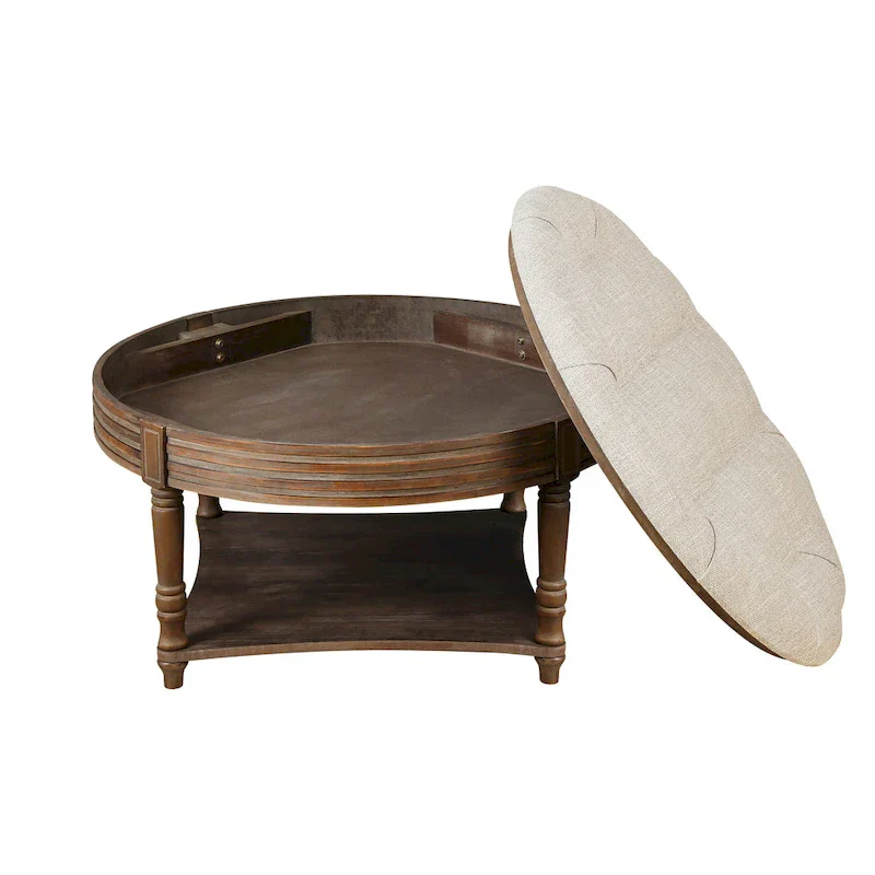 Round Storage Ottoman Coffee Table with Tufted Seat and Wooden Base