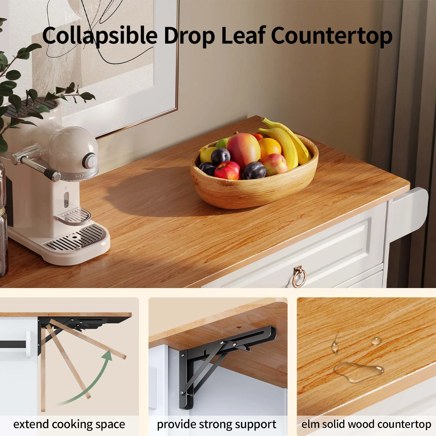 Lofka 52-Inch Kitchen Island with Storage on Wheels with Wood Drop Leaf, Ideal for Small Kitchens - Image 7