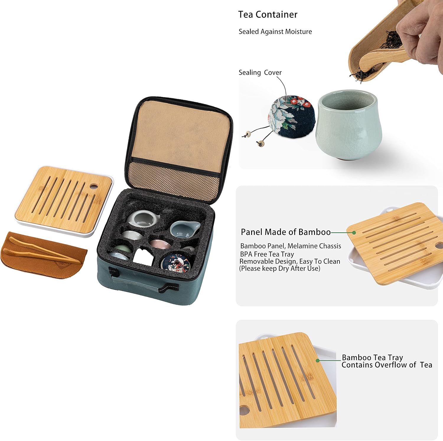 Ceramic Kungfu Tea Sets 12 Piece,Mini Protable Travel Tea Set With Tea Pot, 4x Tea Cups, Bamboo Tea Tray, Tea Canister, Travel Bag |Asian Tea Set Suitable for Office, Picnic, Home, BusinessTrip