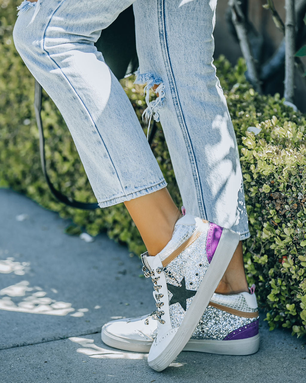 Rina High-Top Glitter Sneaker - Silver White - Se7enfashion