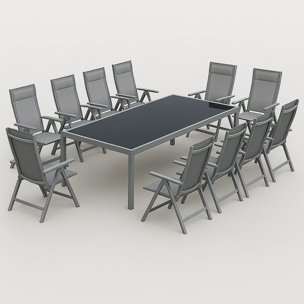 Conjunto de jardín con mesa y 10 sillas grises con respaldo reclinable