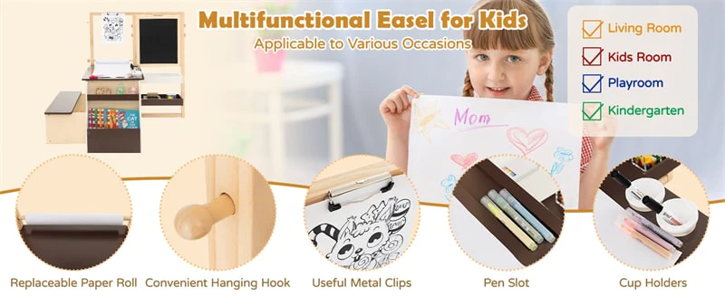 Eletriclife Kids Wooden Art Center Easel with Adjustable Double-Sided Blackboard & Whiteboard