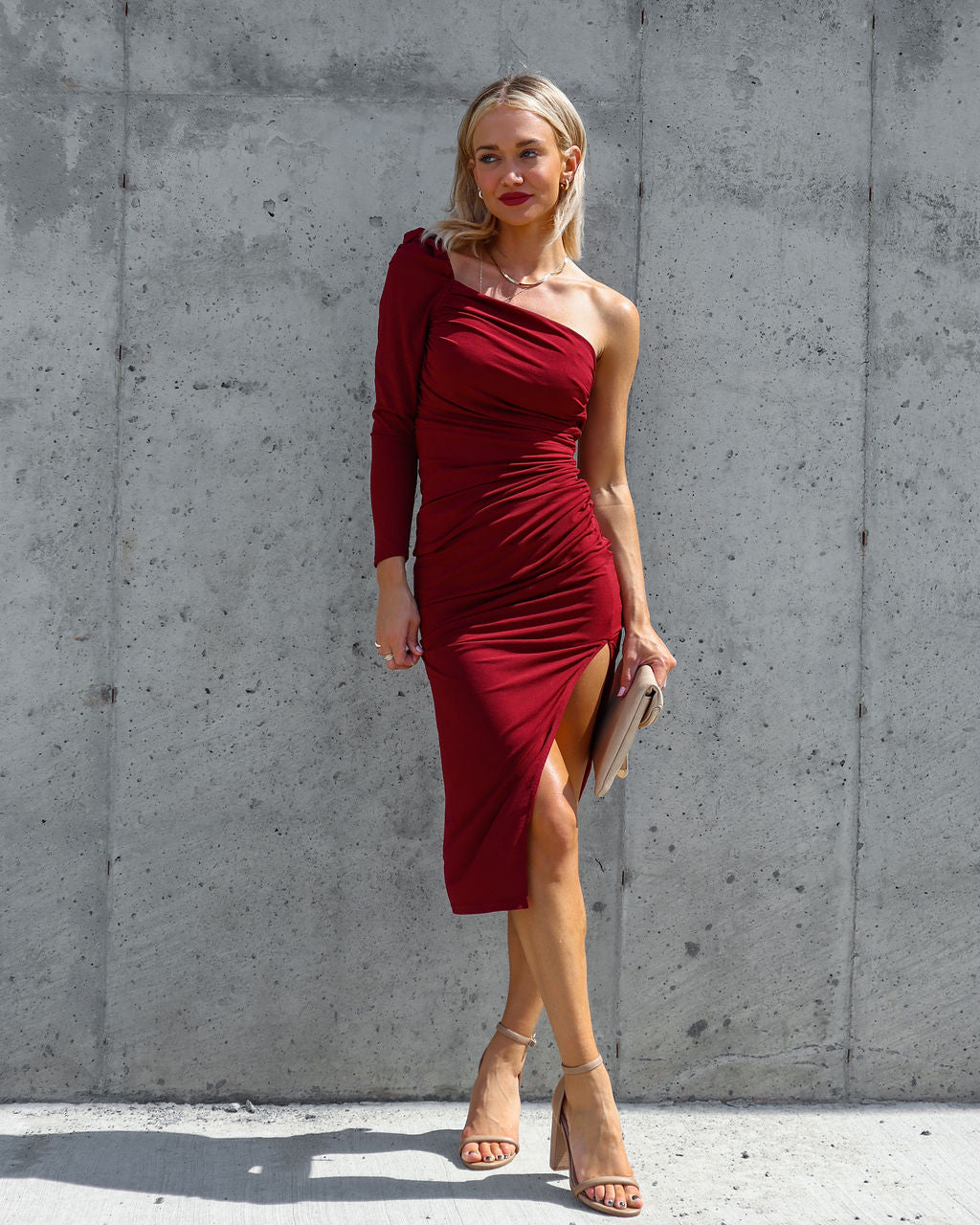 Serving Looks One Shoulder Drape Midi Dress - Wine - Se7enfashion