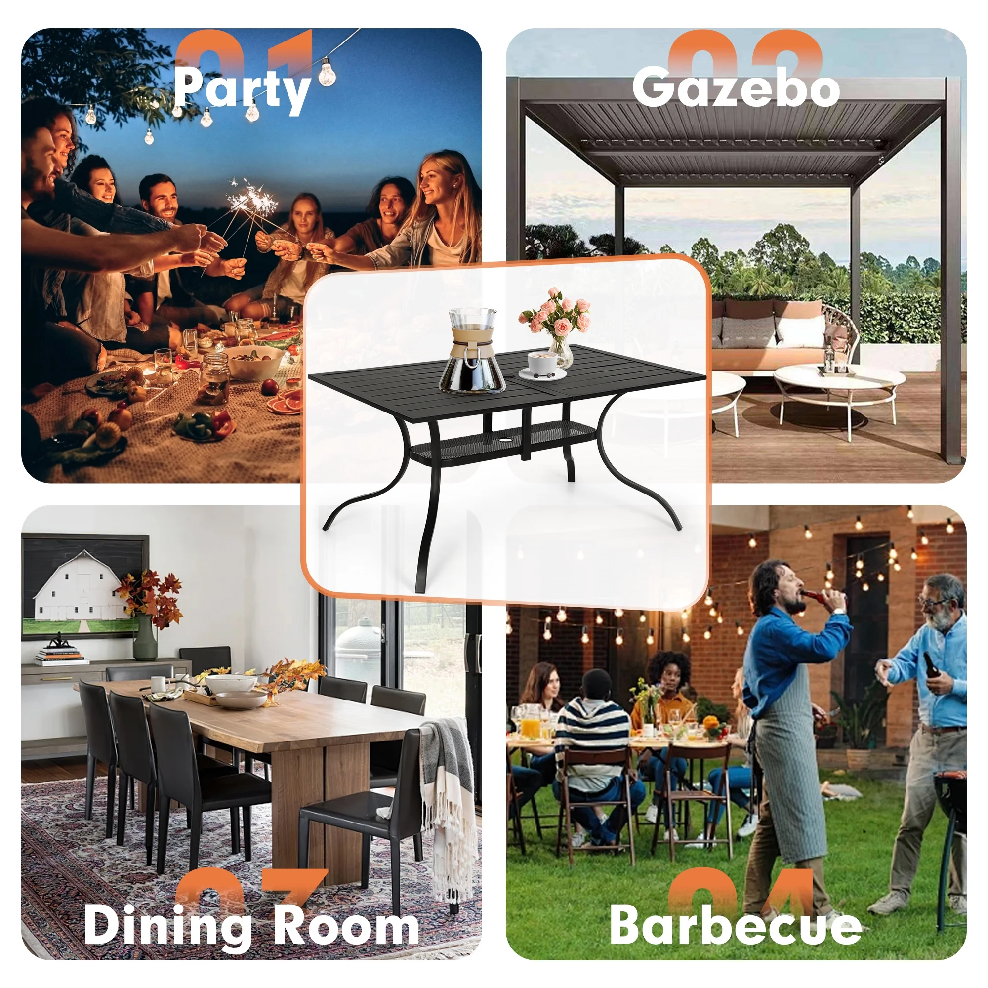 SOLAURA Outdoor Patio Dining Rectangle Metal Table for 6-Person with Umbrella Hole, Black - Image 6