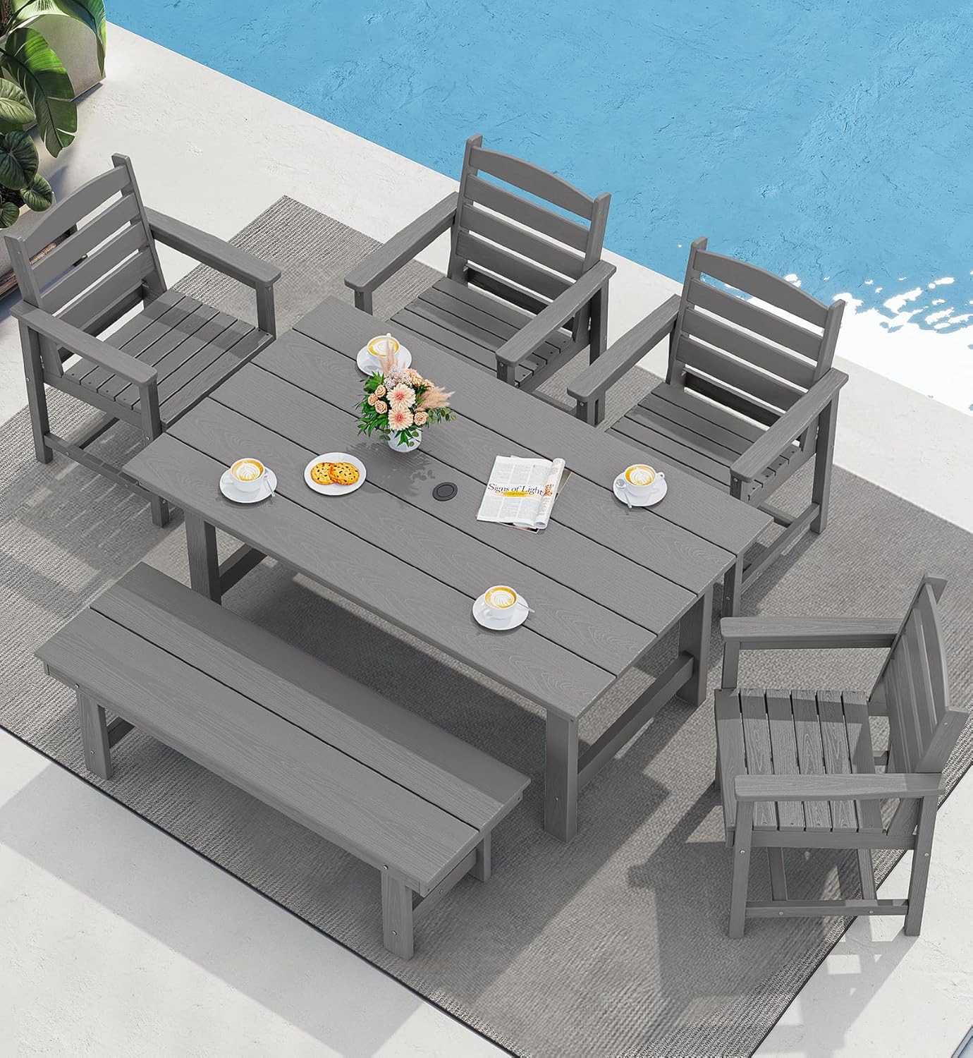 SERWALL Outdoor HDPE Dining Table Set 7 Piece Outdoor Dining Table Sets