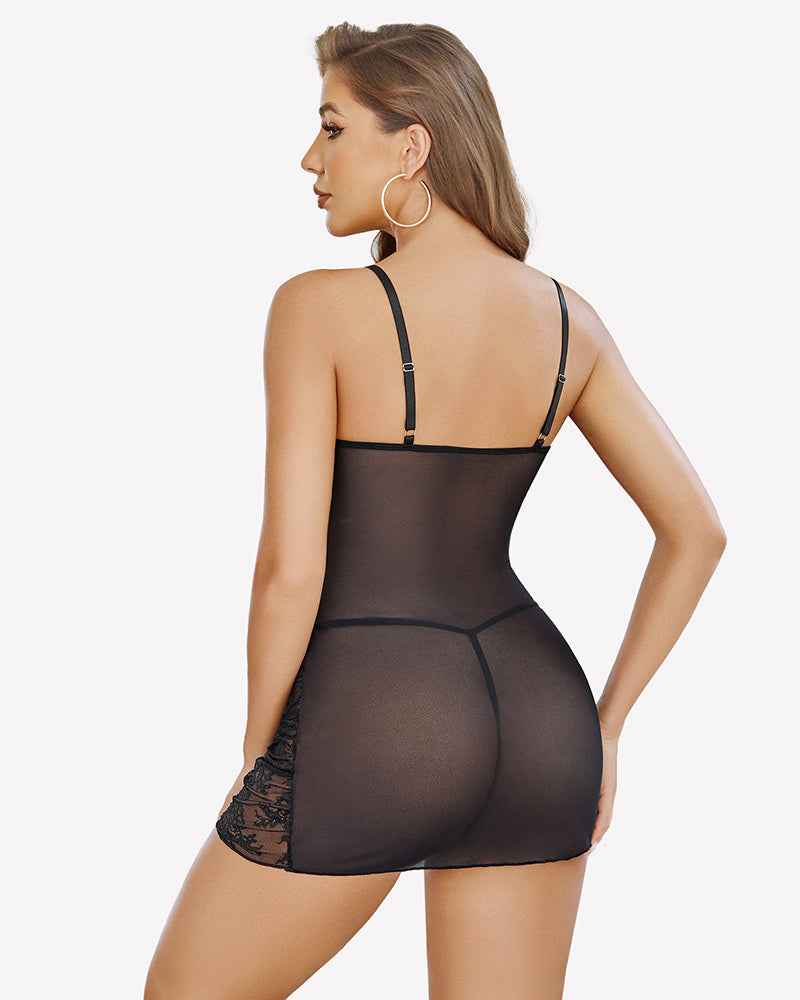 Ruched Lace Cutout Mesh Chemise