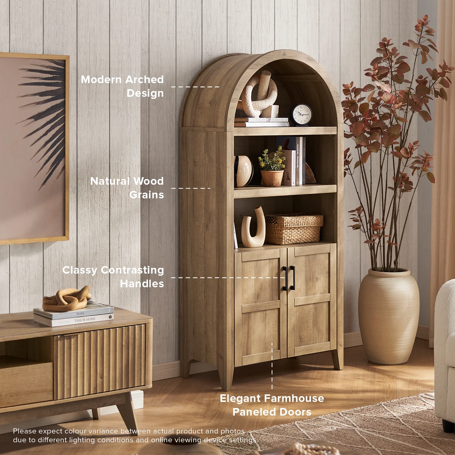 mopio Lauren 65.4" Arched Cabinet, 5-Tier Arched Bookcase with Doors and Shelves, Arched Bookshelf with Storage, Kitchen Pantry Cabinet, Wooden Storage Cabinet for Living Room, Kitchen (Oak) - Image 26