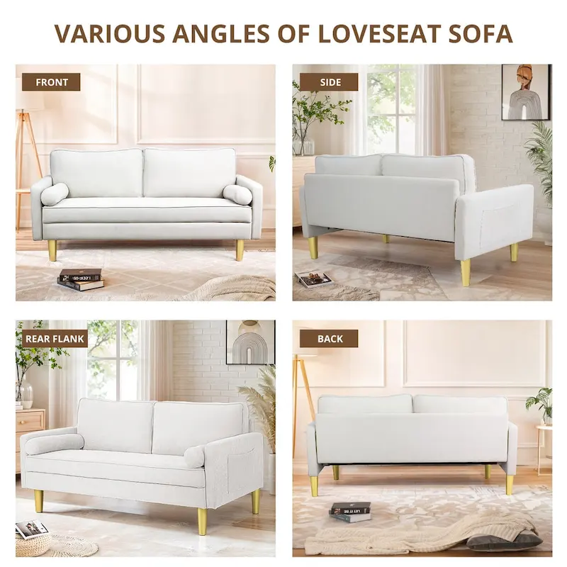 Elegant 65-Inch Orange Polyester 2-Seater Loveseat with Side Pockets and Round Cushions