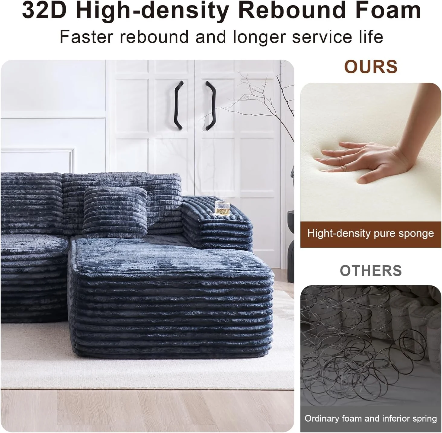 Cloud Sectional Couch with L-Shape Chaise Modern Modular Sofa Deep Seat Built-in Cup Holder