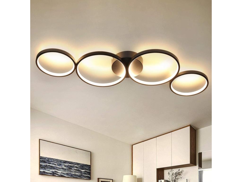 Mubdelu. Lámpara de techo LED Mubdelu, blanco cálido: lámpara de techo de 4 brazos, 3000k. Moderna lámpara para sala de estar, anillo redondo de 37W, color negro. Lámpara para dormitorio de 89 cm. Diseño. Lámpara para oficina que se puede usar en dor