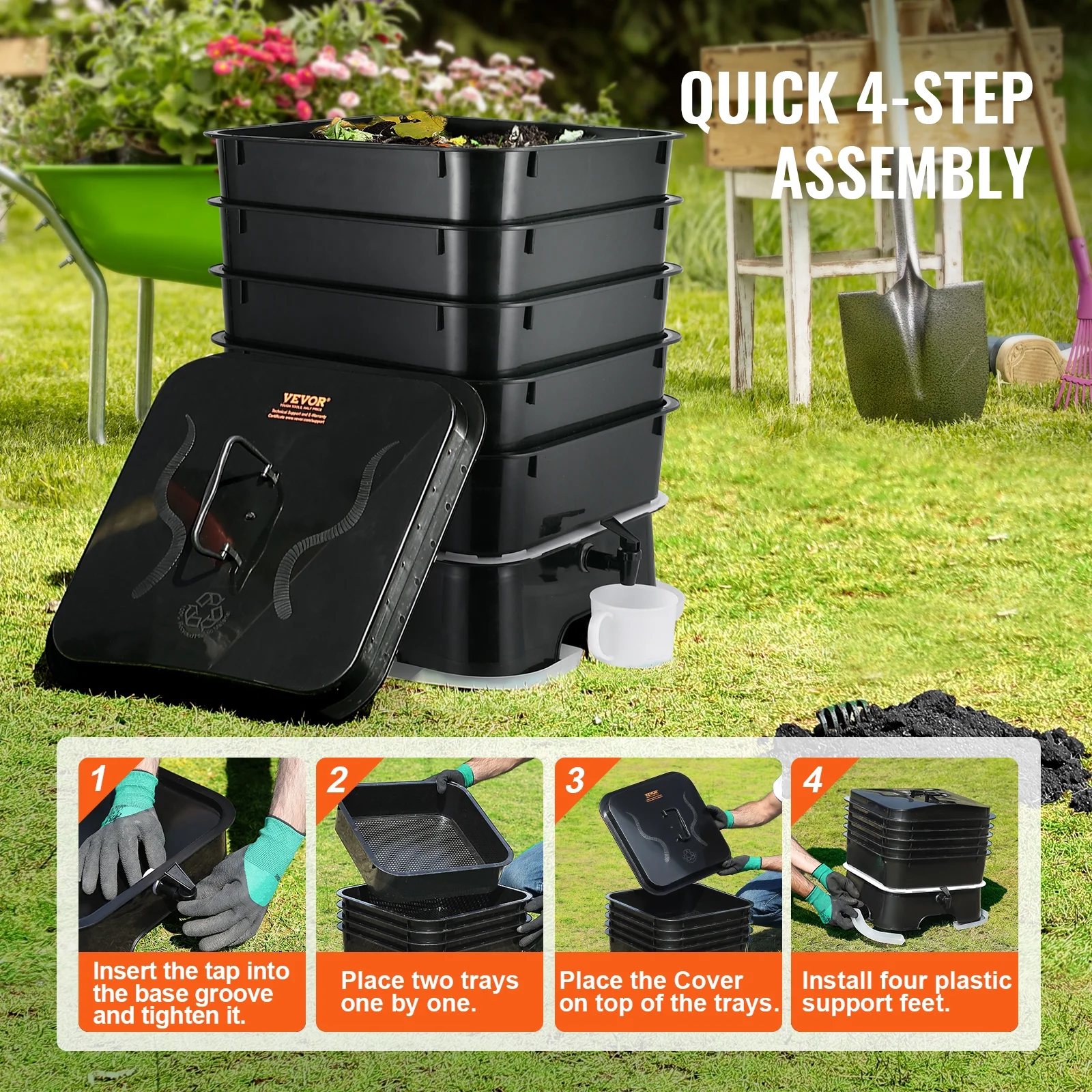 VEVOR 5-Tray Worm Composter, 50 L Worm Compost Bin Outdoor and Indoor, Sustainable Design Worm Farm Kit, for Recycling Food Waste, Worm Castings, Worm Tea, Vermiculture and Vermicomposting - Image 5