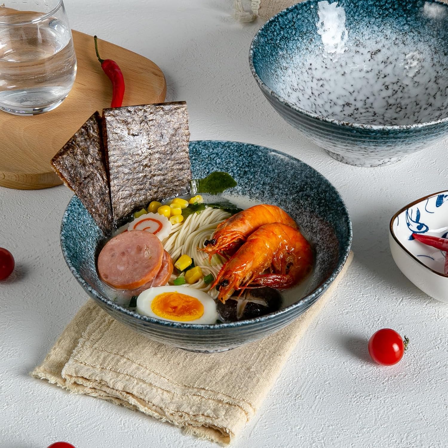 40 oz Ceramic Ramen Bowl Set of 2, Ramen Noodle Bowl with Spoons and Chopsticks 8 Inch Japanese Retro Style Large Soup, Pho, Udon Bowls, Microwave & Dishwasher Safe, Stone