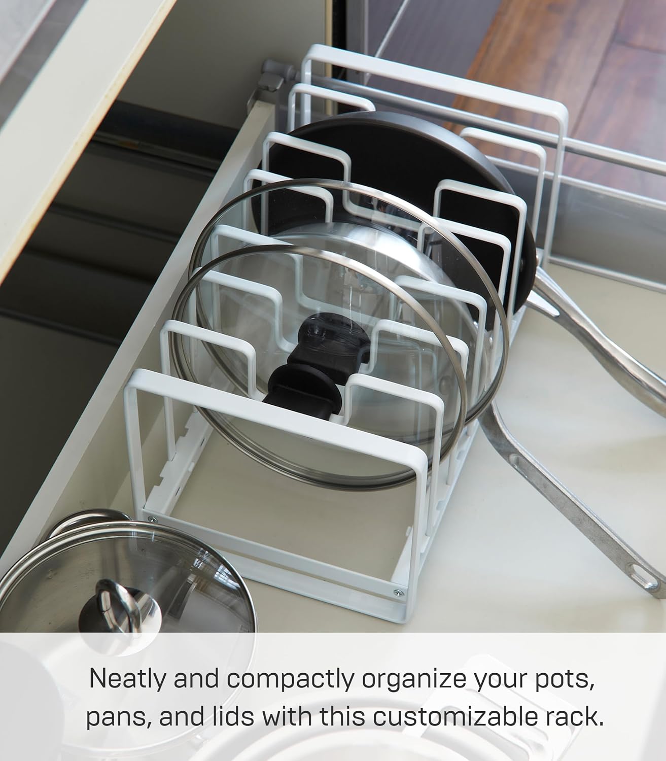 YAMAZAKI Home Tower Under Sink Pot Lids And Frying Pan Storage Kitchen Drawer Organizer Rack - Steel
