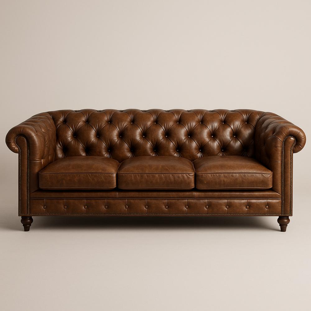 Sofá Chesterfield de cuero marrón de 3 plazas con patas de madera maciza, 220x90x75 cm