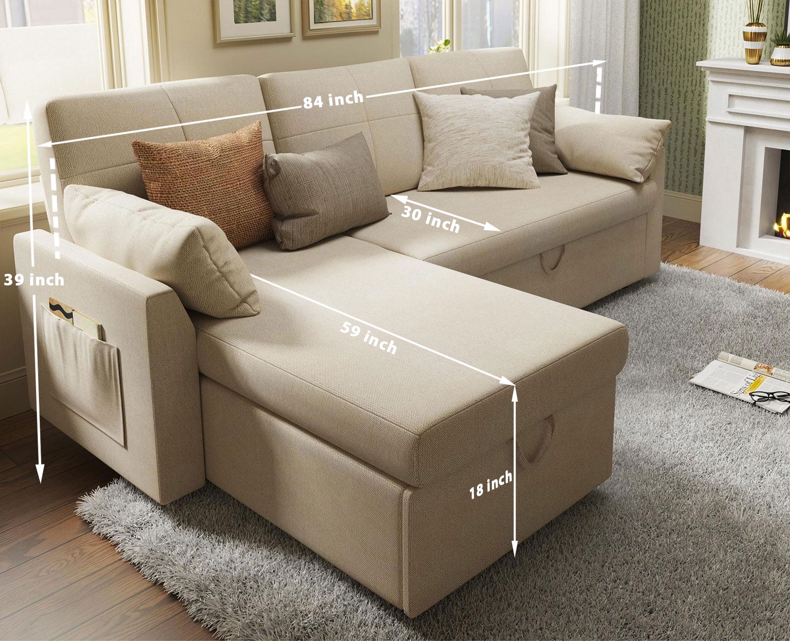 VANACC Sofa Bed, Adult Sleeper Sofa with Storage Chaise, Pull Out Couch for Bed Room, Gray Chenille - Image 22