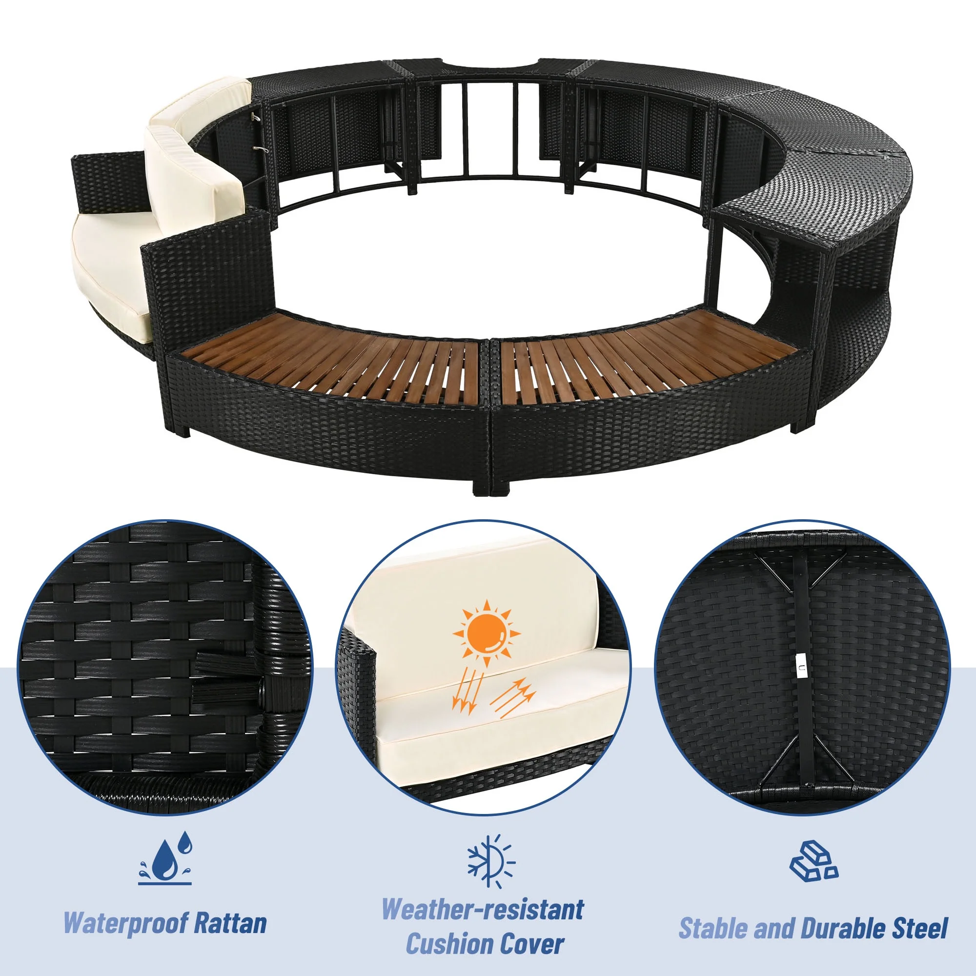 Round Hot Tub Surround Furniture, Spa Surround Outdoor Rattan Sectional Sofa Set with Mini Sofa, Solid Acacia Wood Hot Tub Storage Surround Patio Furniture Set, Gray Cushion - Image 27