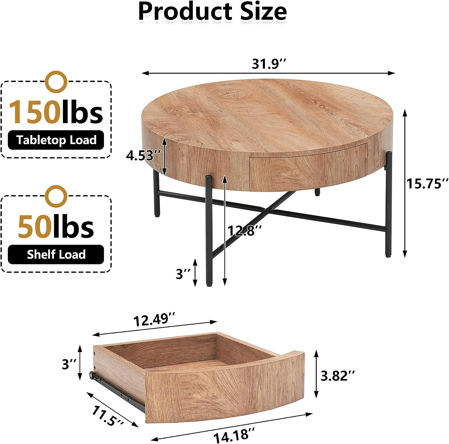 Round Coffee Table with Drawers Circle Living Room Table Wood Accent Coffee Table with Storage White Center Table (Natural) - Image 8