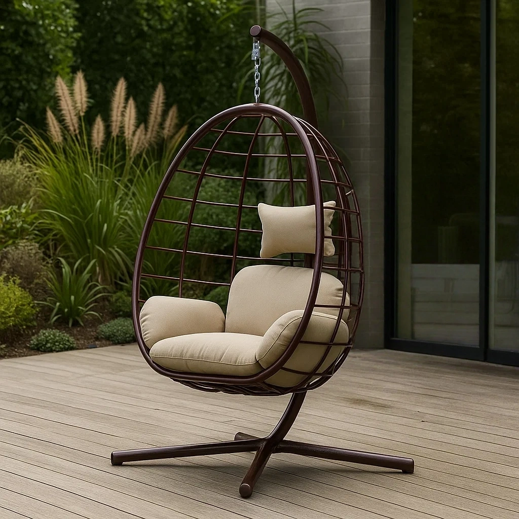 Sillón colgante,redondo,metal y cojines,marrón,con soporte,jardín,80x70x120 cm - lobYVhJYSnGb