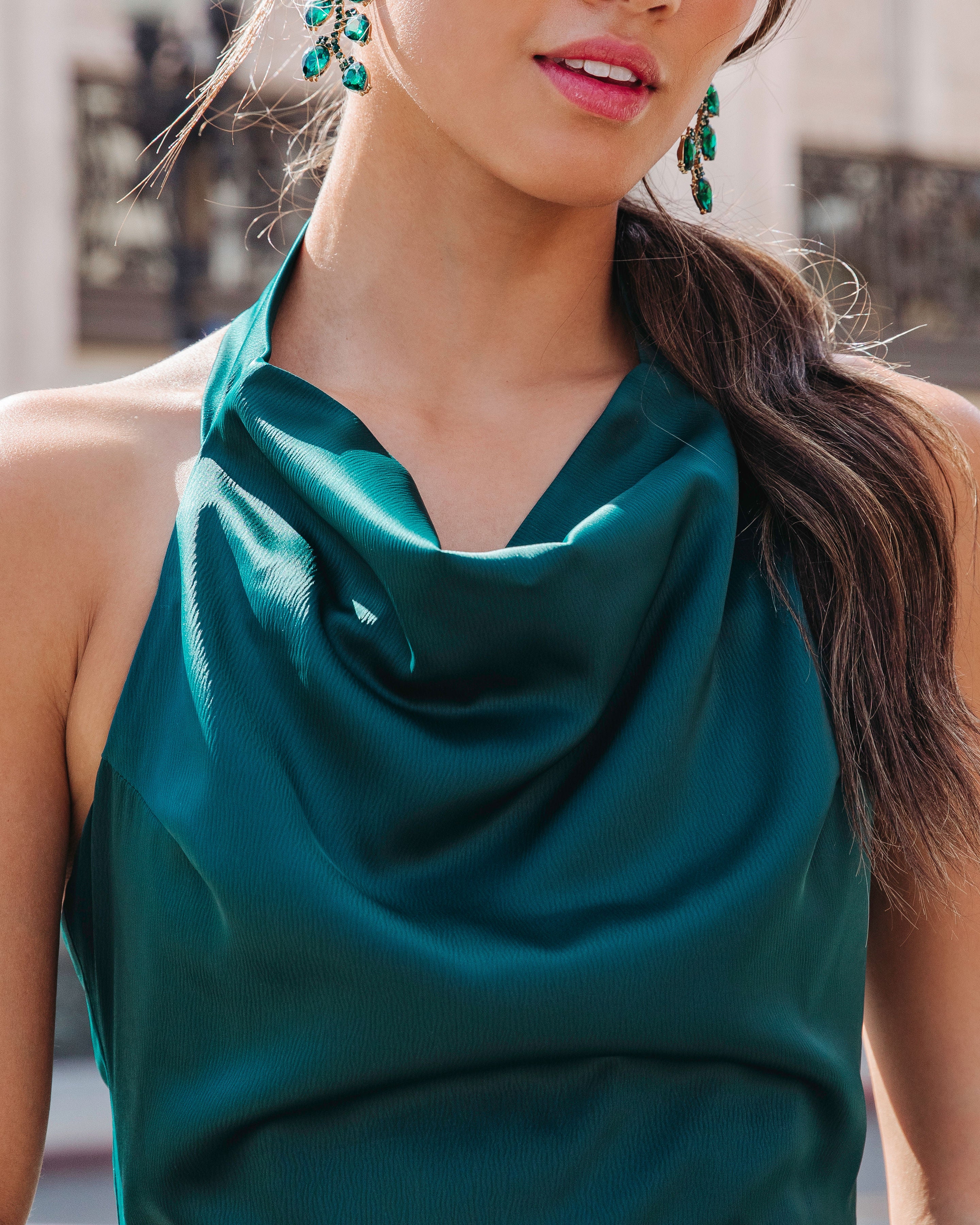 Kendra Satin Halter Cowl Neck Asymmetrical Midi Dress - Hunter Green - Se7enfashion