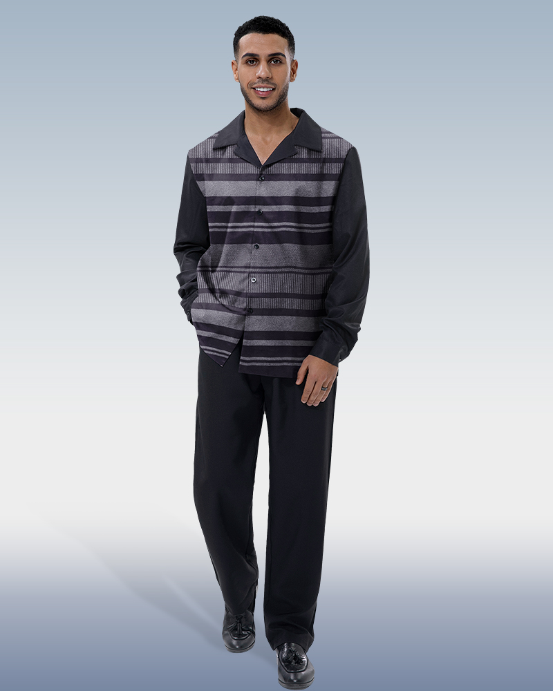 Line Print Casual Long Sleeve Shirt Walking Suit