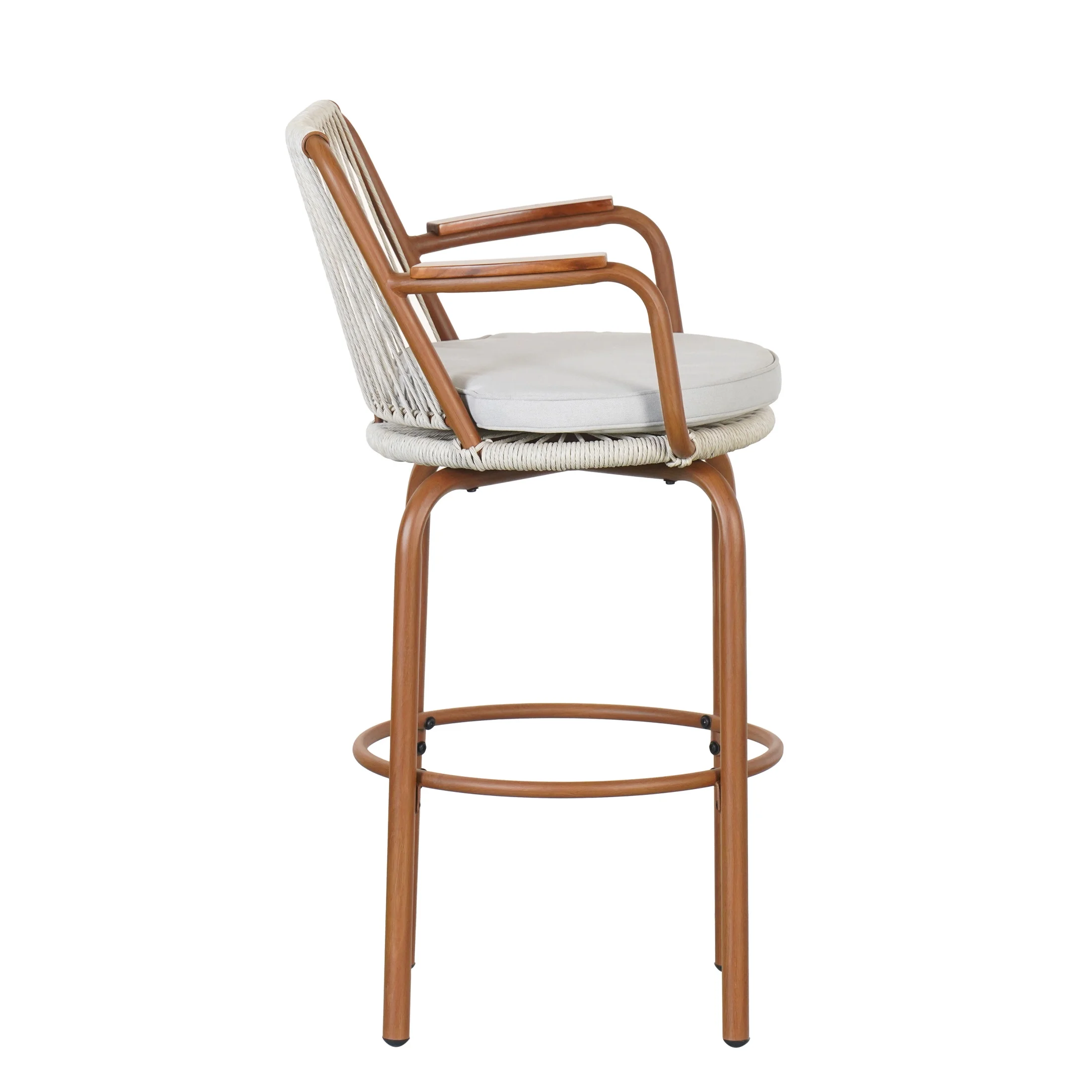 Lyric Modern 29" Outdoor Patio Bar Stools, Bar Chairs with Wood Grain Finish Frame with Hand-Woven PE Rattan Rope, Removable Cushions, Teak+Beige, Set of 2 - Image 8