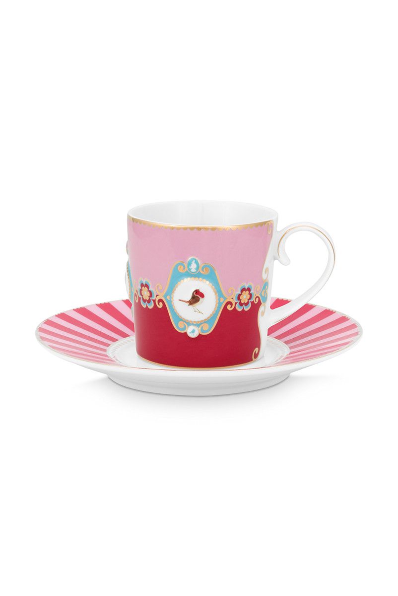 Cup & Saucer Love Birds Medallion Red-Pink