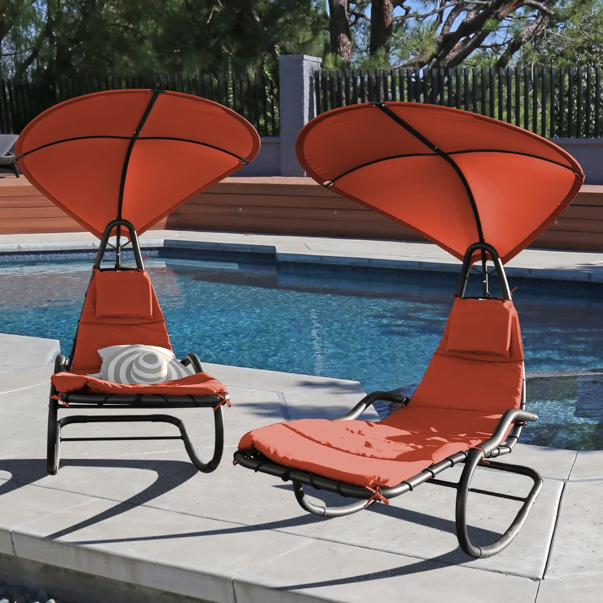 2X Rocking Hanging Lounge Chair - Curved Chaise Rocking Lounge Chair Swing For Backyard Patio w/ Built-in Pillow Removable Canopy with stand {Green} - Image 12