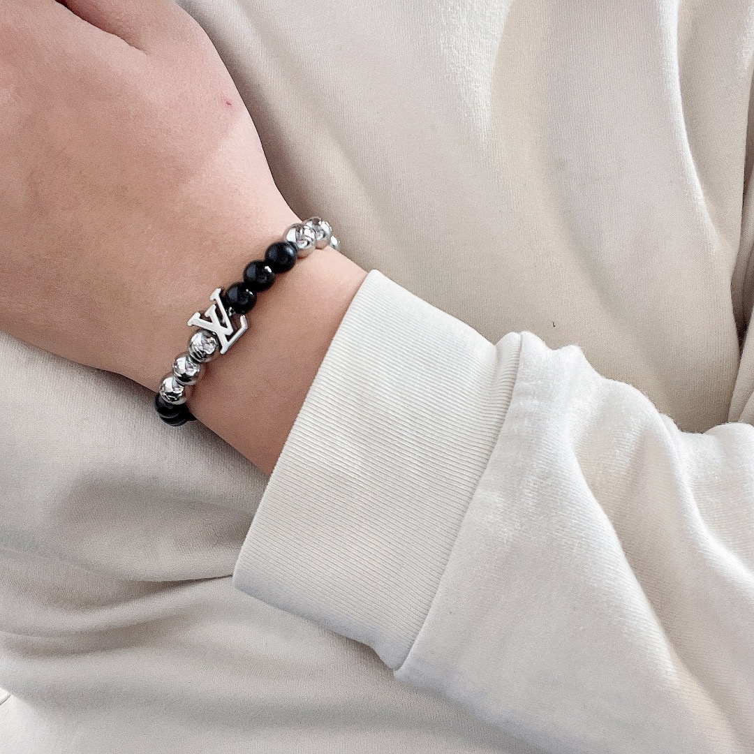 Louis Vuitton Pullable Black and Silver Monogram Beads Bracelet - Original Replica Club