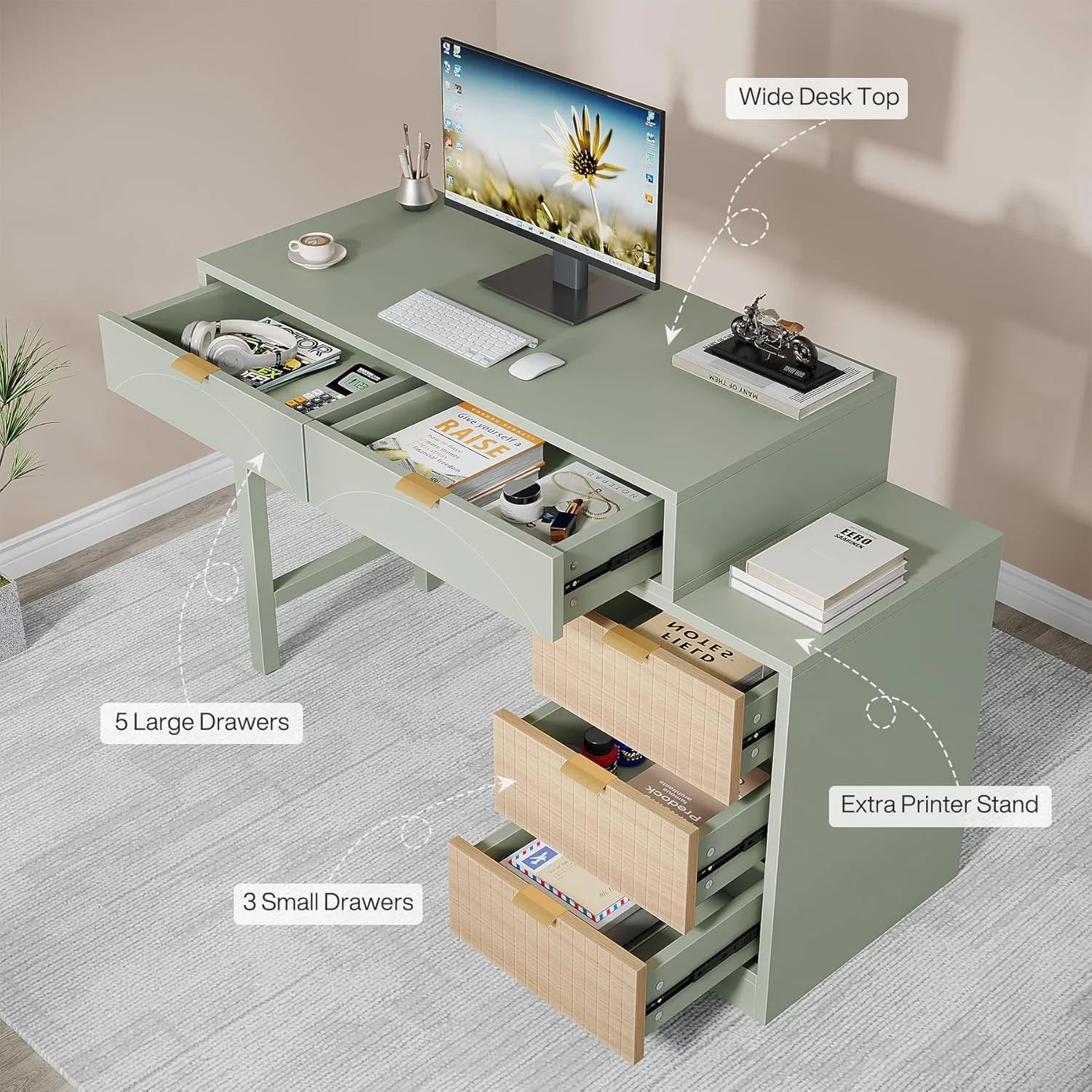 Tribesigns 39" Reversible Computer Desk with 5 Drawers, Wood Writing Desk for Home Office, Green - Image 7