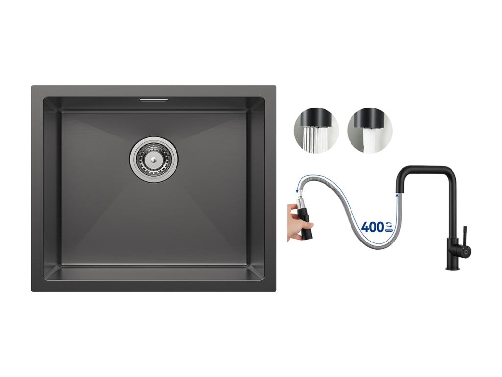 Mubdelu Fregadero de cocina 1 seno Fregadero de acero inoxidable 50*44CM Negro antracita + Grifo monomando con ducha extraíble, negro