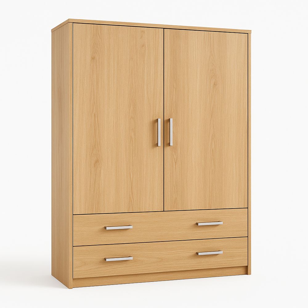 Armario de madera de 2 puertas con 2 cajones,diseño moderno,color natural,almacenamiento funcional para dormitorio