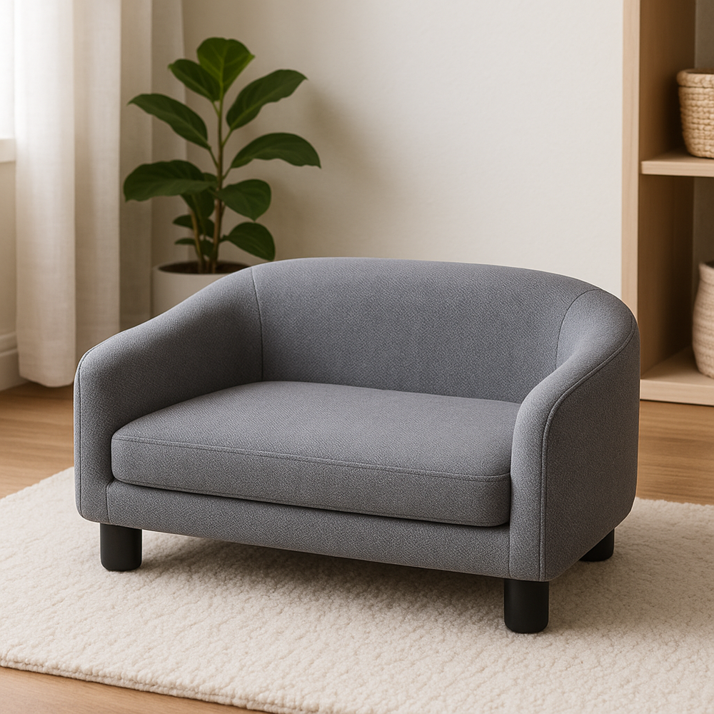 Sofá infantil de tela gris – cómodo y compacto para la sala de estar